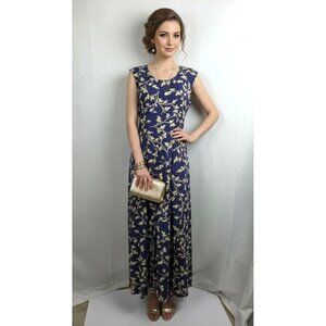 VTG Banana Republic Maxi Dress Medium Blue & Yellow Floral Boho Retro Pleated